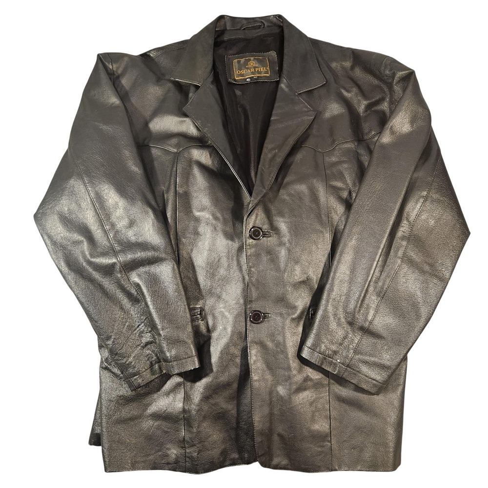 Oscar Piel Leather Jacket Mens XL Black Genuine Leather Blazer Coat Button Front